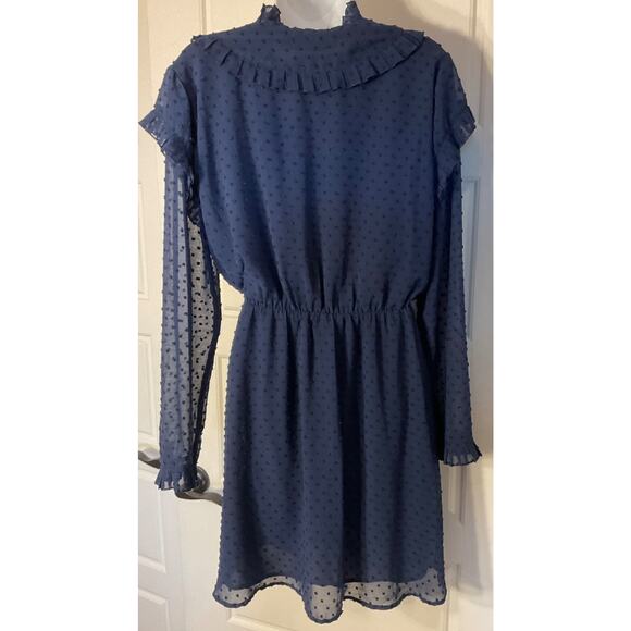 Sugar Lips Navy Swiss Dot Long Sleeve Ruffle Panels V Neck Dress L - Picture 3 of 7